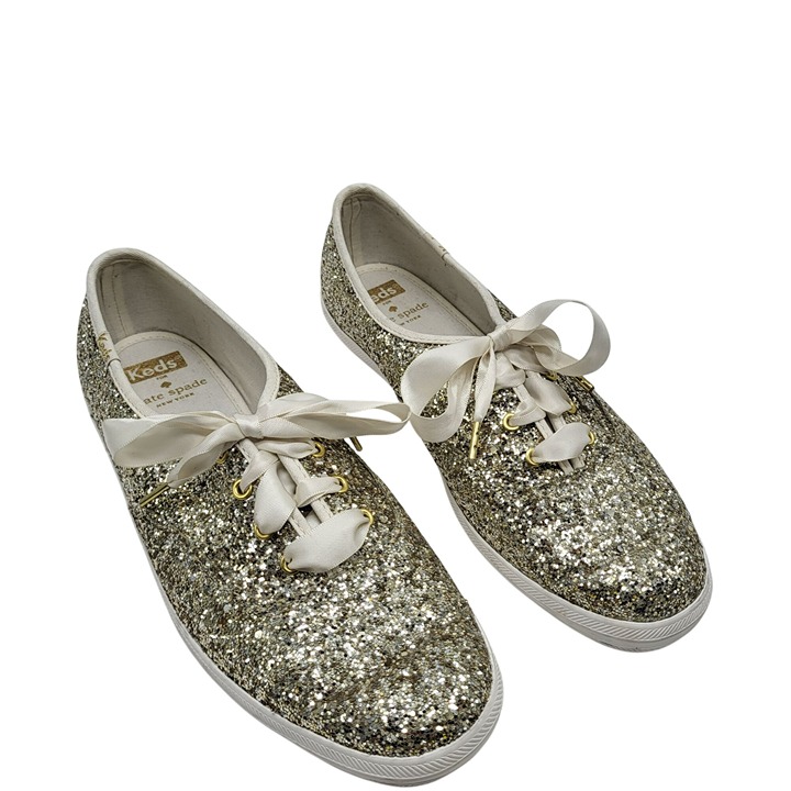 Keds X Kate Spade Gold Glitter Sparkle White Sneakers Satin Laces Women's 8