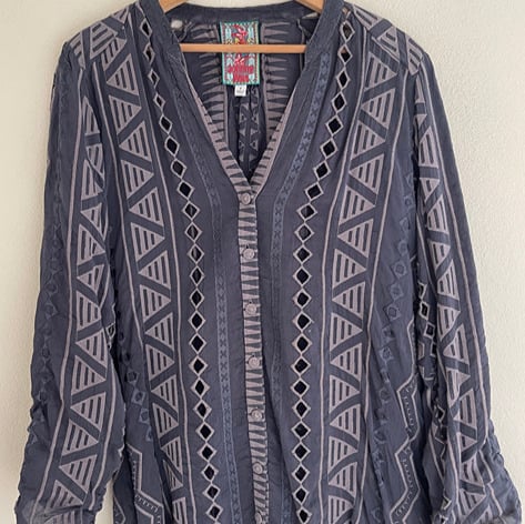 Johnny Was Grey Cotton Geometric Embroidered Top: Size SMALL; Worn Once
