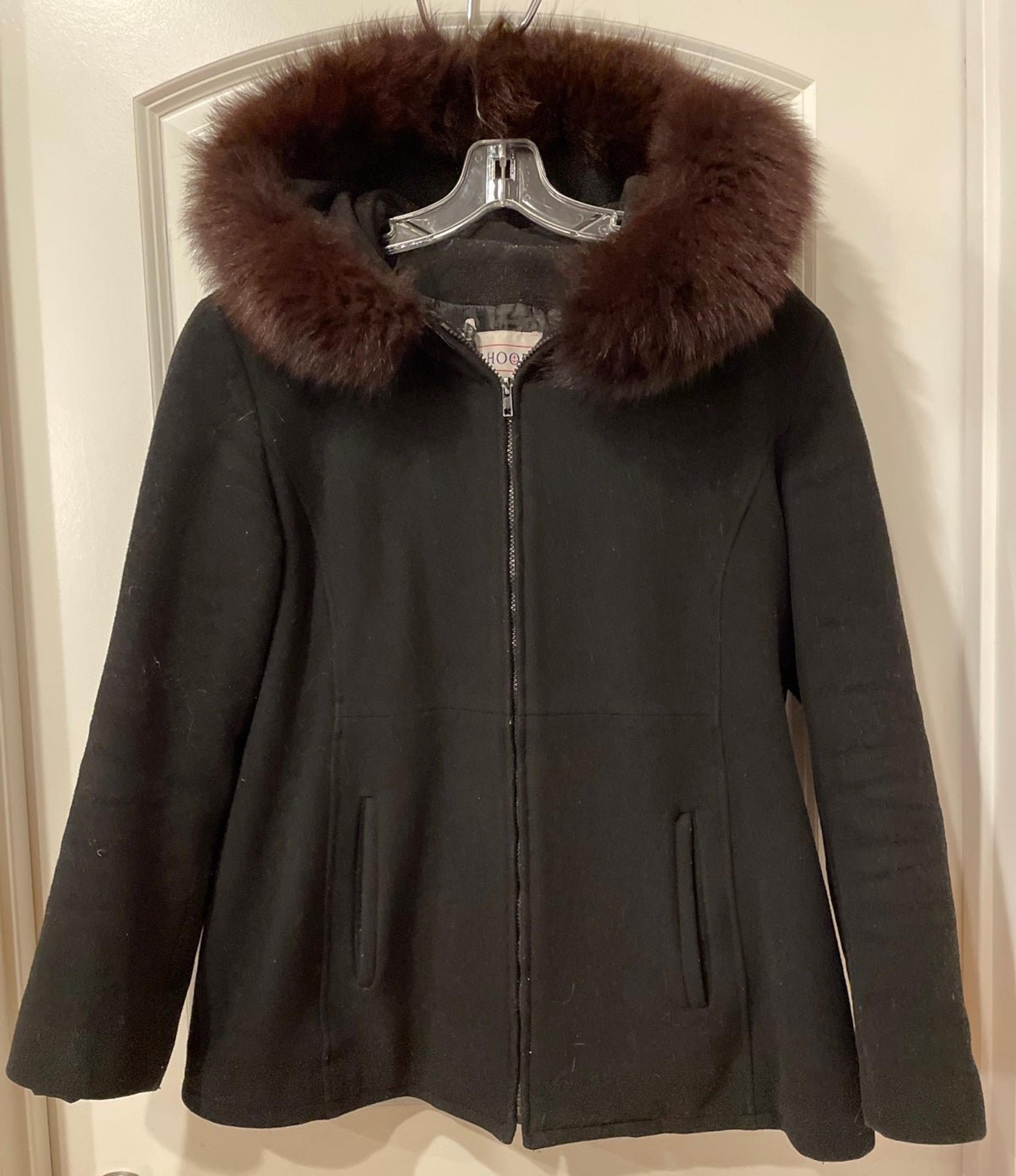 J G Hook Vintage full zip fur trim hooded black wool Coat. Ladies size XL