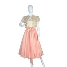Vtg 60s House Of Bianchi Sz XS Fit Flare Midi Dress Jacket Peach Cream