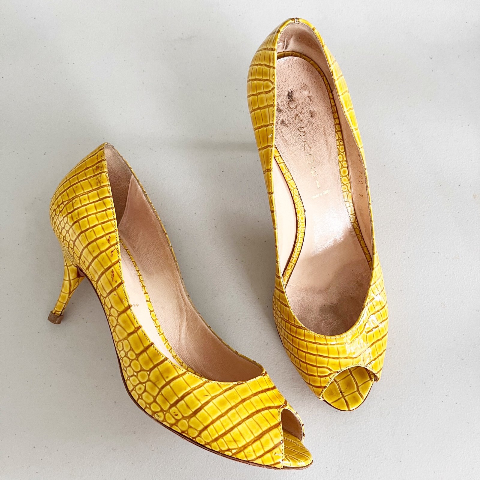 Casadei Yellow Animal Print Peep Toe Heels