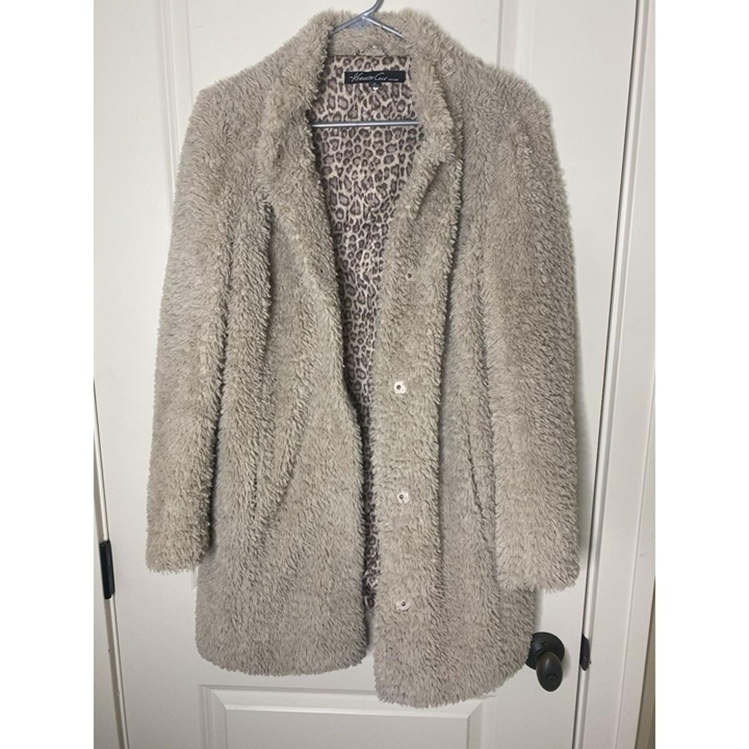 Kenneth Cole Size Medium Jacket Beige Teddy Bear Faux Fur Coat Mid Length Coat