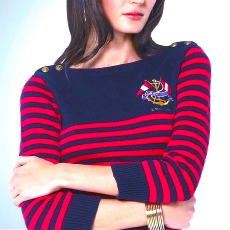 RALPH LAUREN Nautical Embroidered Flag Crest Sweater Red & Blue Striped XL NWOT!