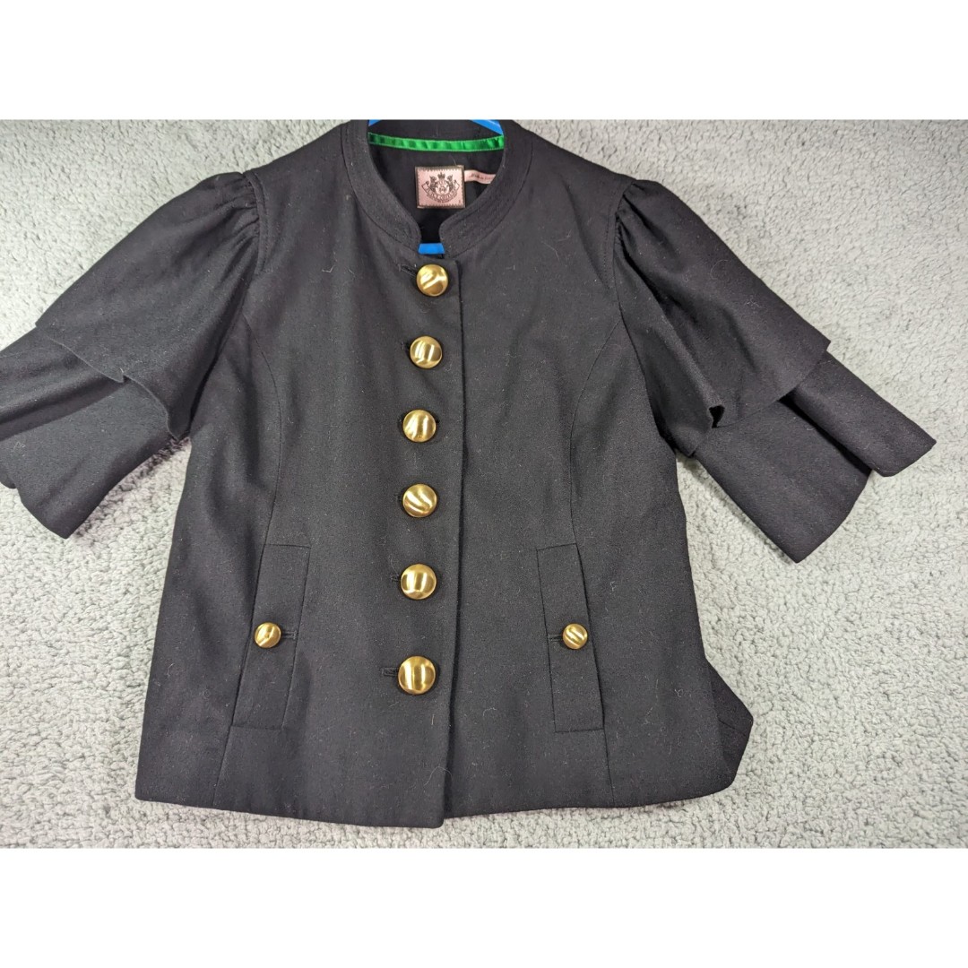 Juicy Couture Womens Vintage Style Black Ruffle Sleeve Button Up Jacket Size 2