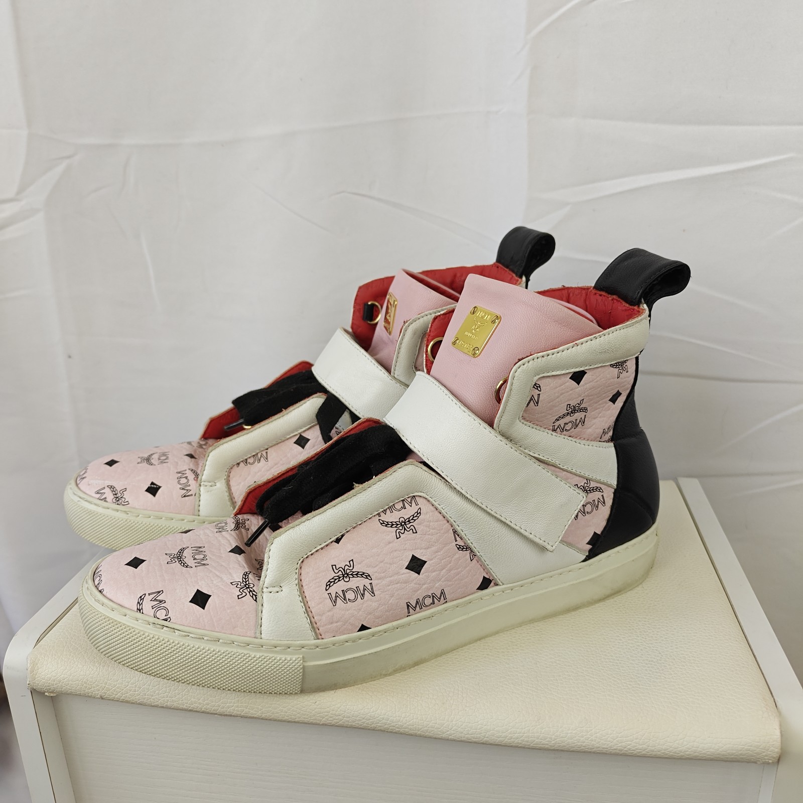 MCM High-Top Sneakers In Monogram Pink With White Size 38 Men's Size 8 Women's