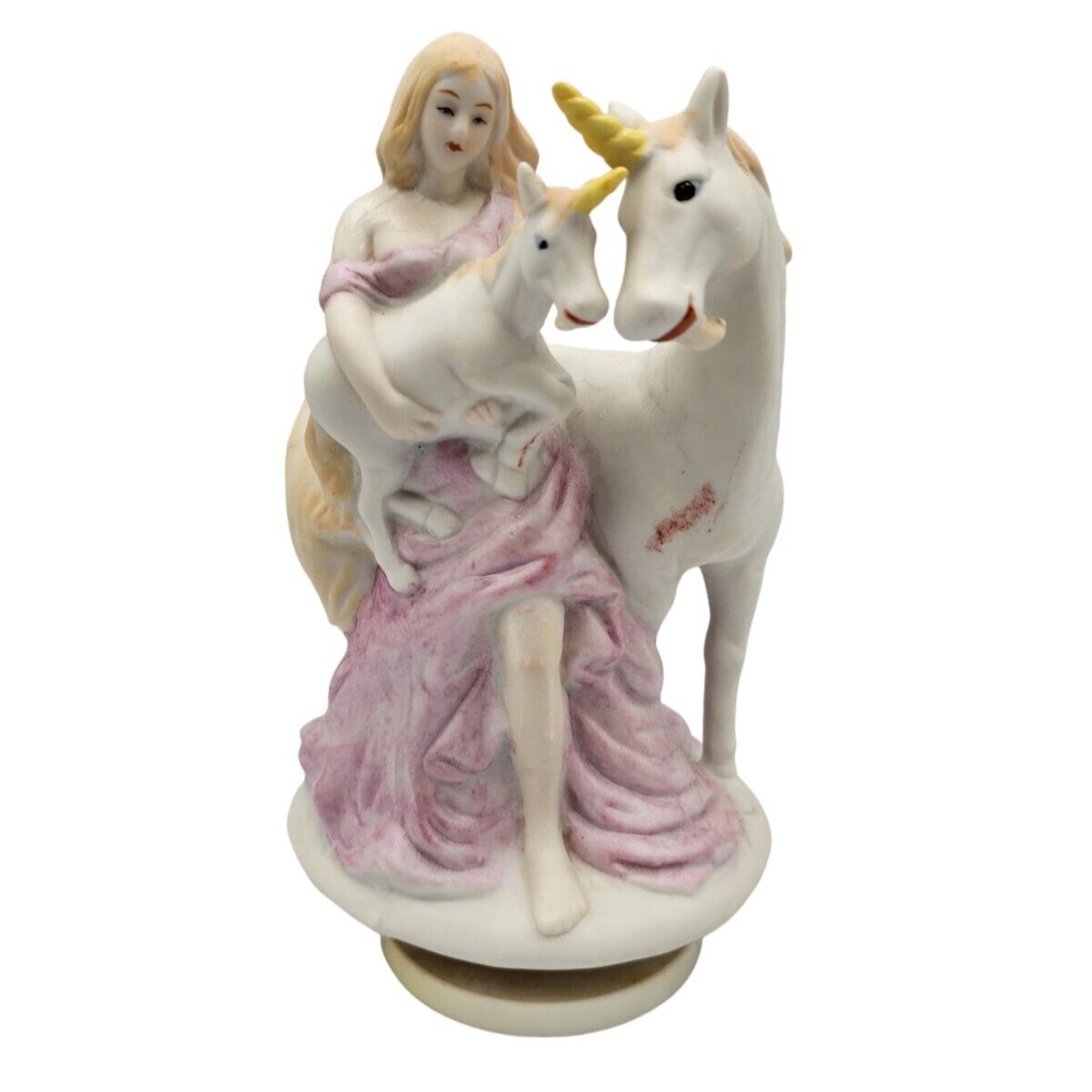 Vintage Hand painted Unicorn Music Box Ceramic Maiden w/ Baby Unicorn RARE