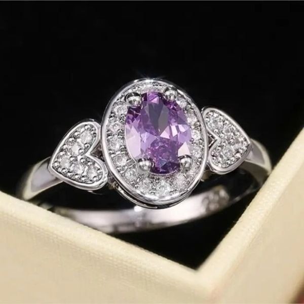 Silver Plated Amethyst Ring Heart Shaped Cubic Zirconia Size 6