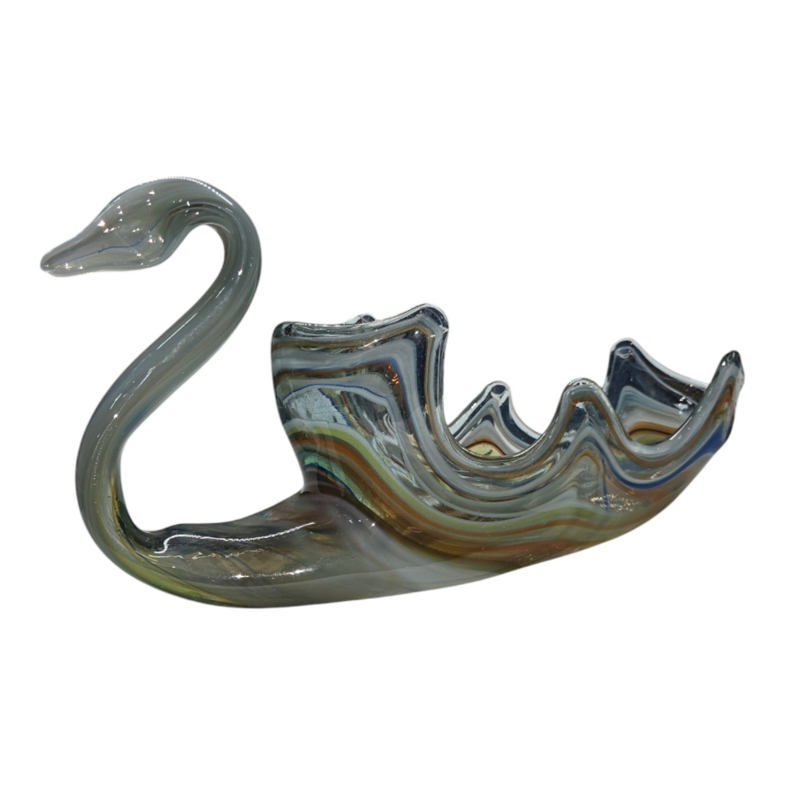 Vintage *READ* Large Swan Bowl Or Planter Multicolor Swirl Handblown Glass Art