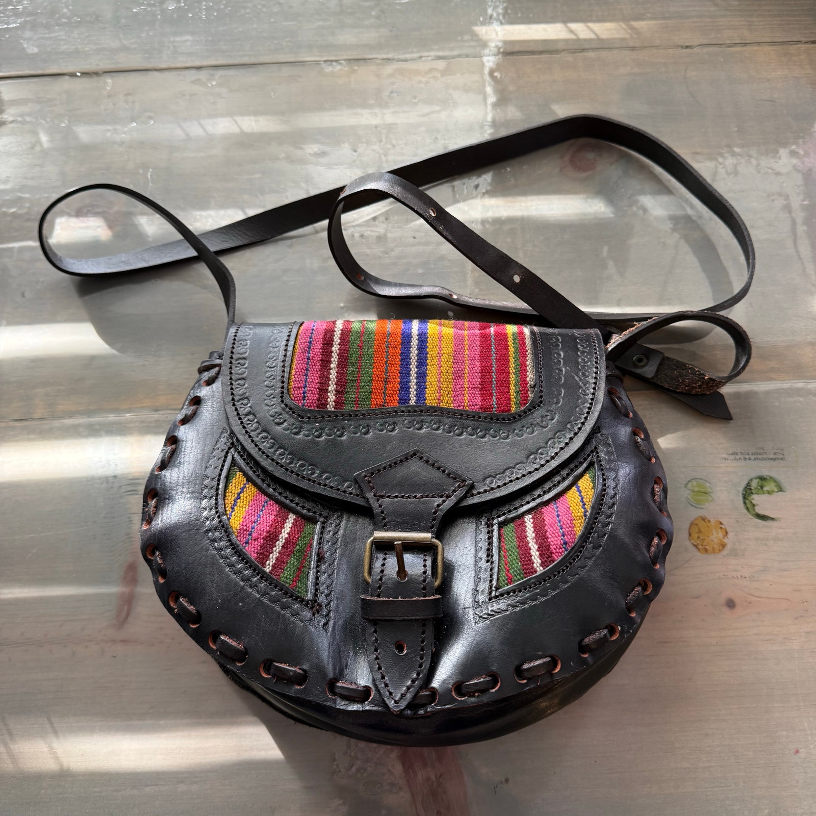 Black Hand Tooled Leather Boho Woven Accent Shoulder Bag