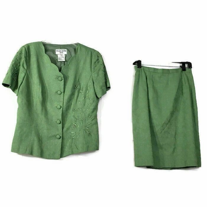 Plaza South Women Skirt Suit Size 10 Green Short Sleeves Embroidery Pleated
