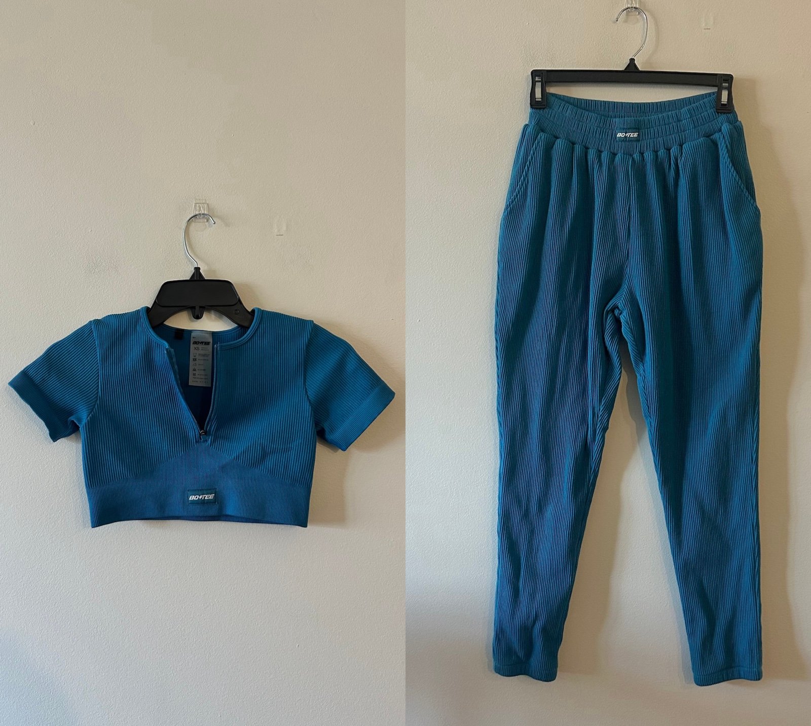 Bo + Tee At Ease Jogger Below Zero Zip Crop Top Rib Blue XS Set Bundle Overall