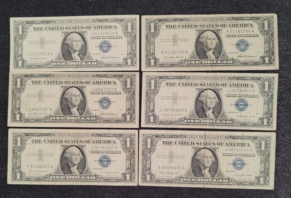 1957 One Dollar Silver Certificates - six notes