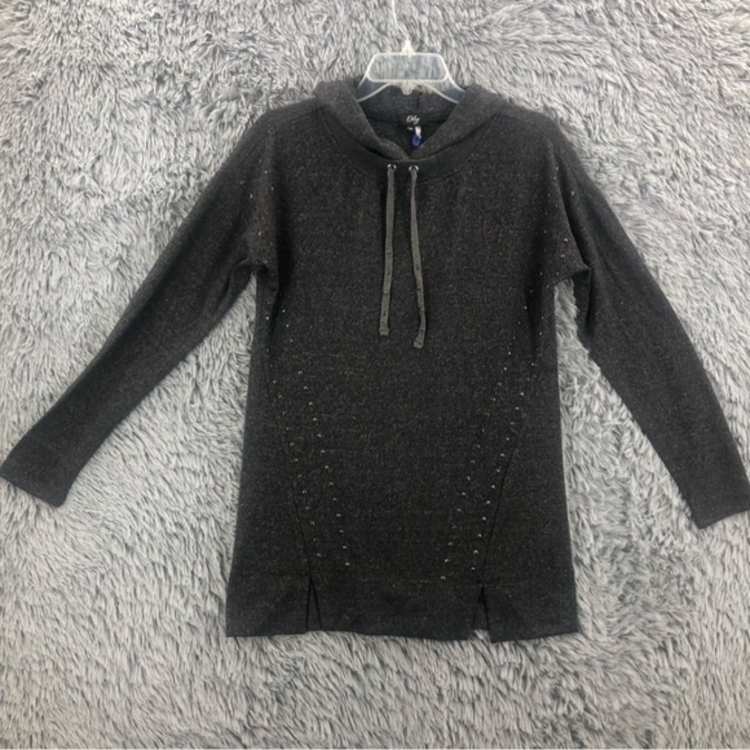 Orly Womens Small Grey Embellished Long Sleeve Hooded Shirt