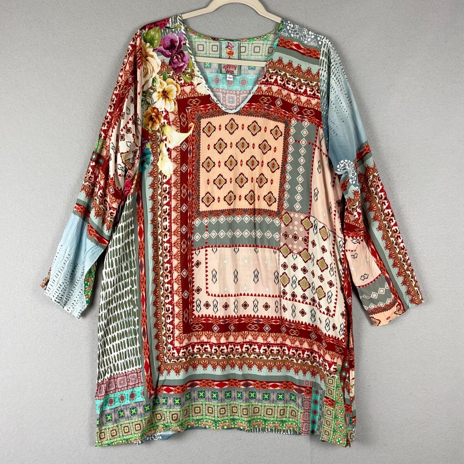 Johnny Was Canvasita Tunic Top Womens Large V Neck Rayon Floral Boho Peasant