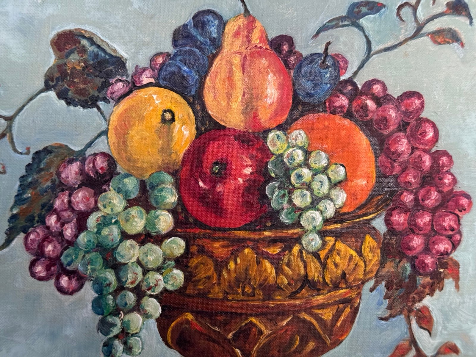 Original 1964 Signed Fruit Bowl Still Life Art OIL PAINTING Canvas FRAMED Paint