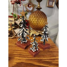 Vintage Rustic Cottage Curled Metal Snow Flocked Christmas Tree Decor Set Of 3