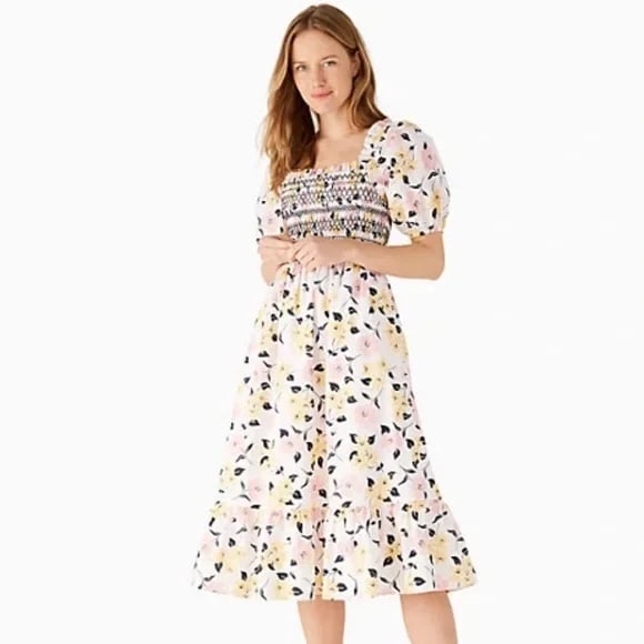 Kate Spade Lily Blooms Smocked Floral Puff Sleeve Midi Dress Sz Small