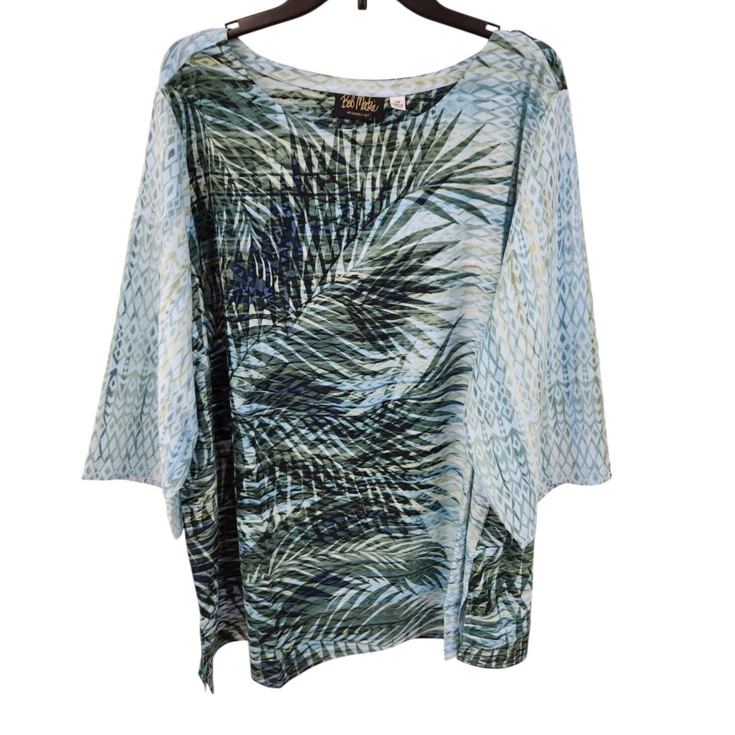 Bob Mackie Wearable Art South Sea Tunic Top Sz 3X Tropical Palm Print 3/4 Sleeve