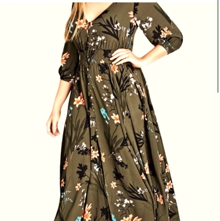 City chic olive green floral smocked button front maxi dress size 14