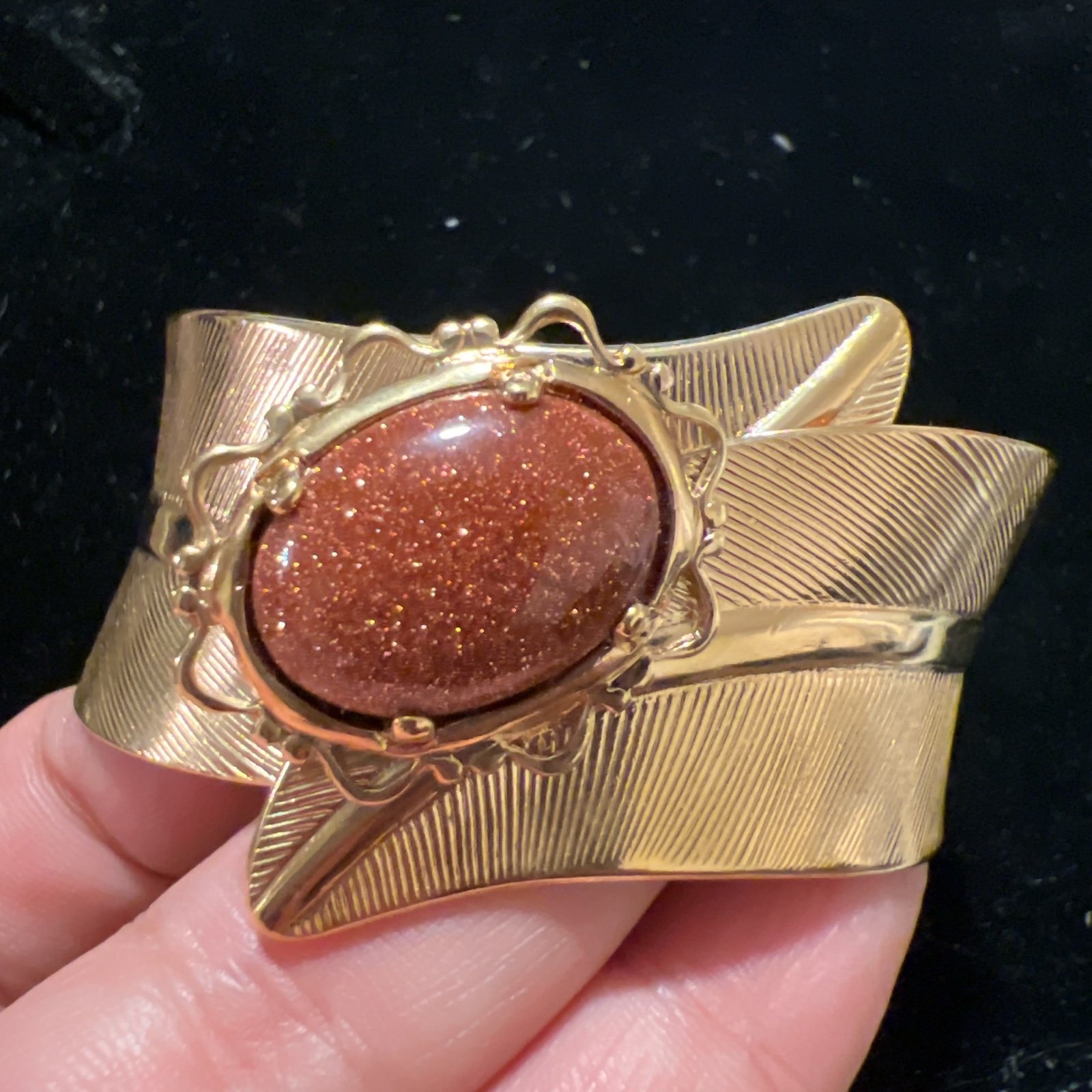 Drewzy Quartz Gold Tone Leaf Pattern Hinged Bracelet
