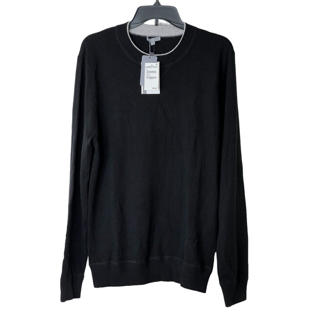 NEW K+J2 Black Wool Cashmere Crewneck Sweater Mens Grey Accent Size Large 104
