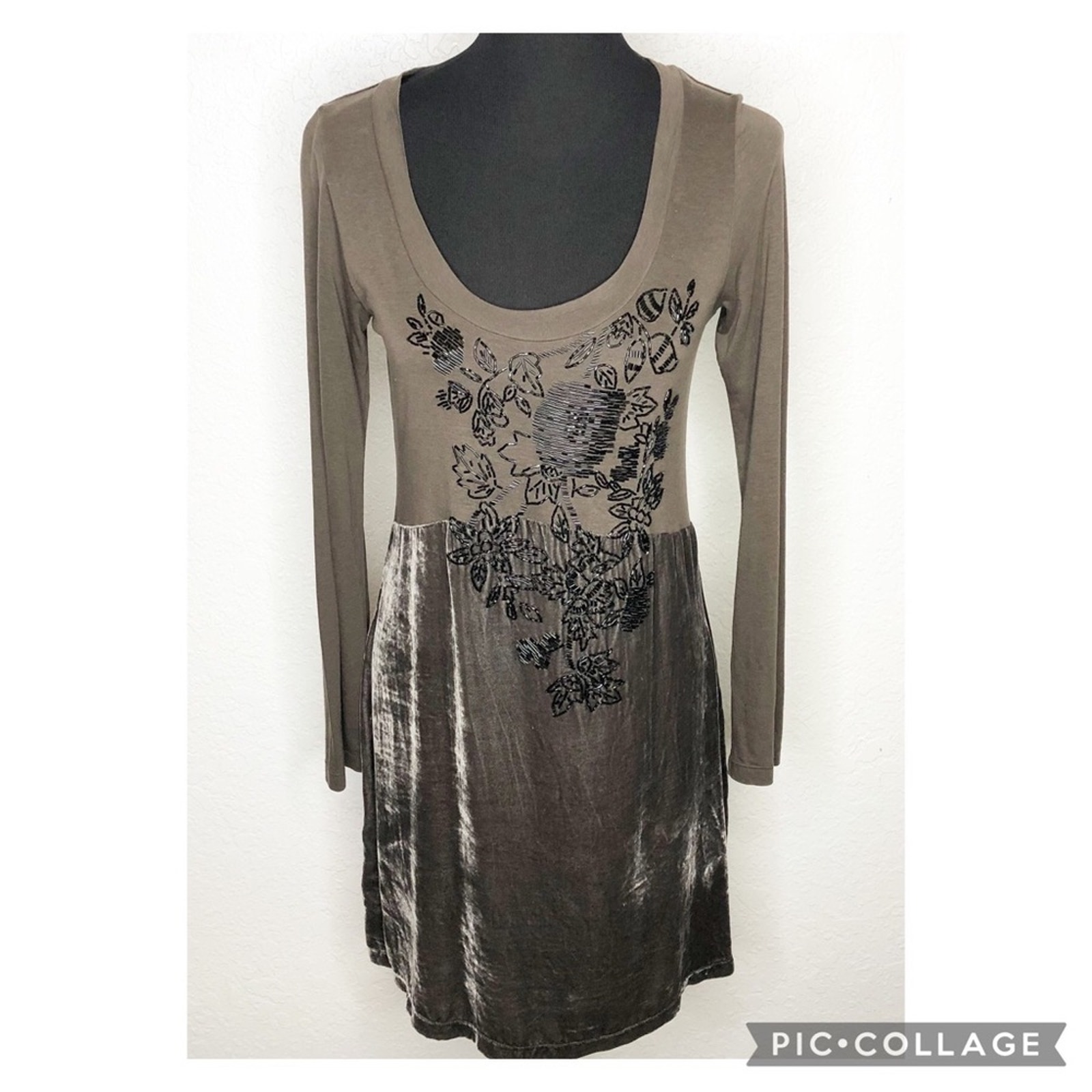 Johnny Was 4 Love and Liberty brown beaded velvet scoop neck dress size Small