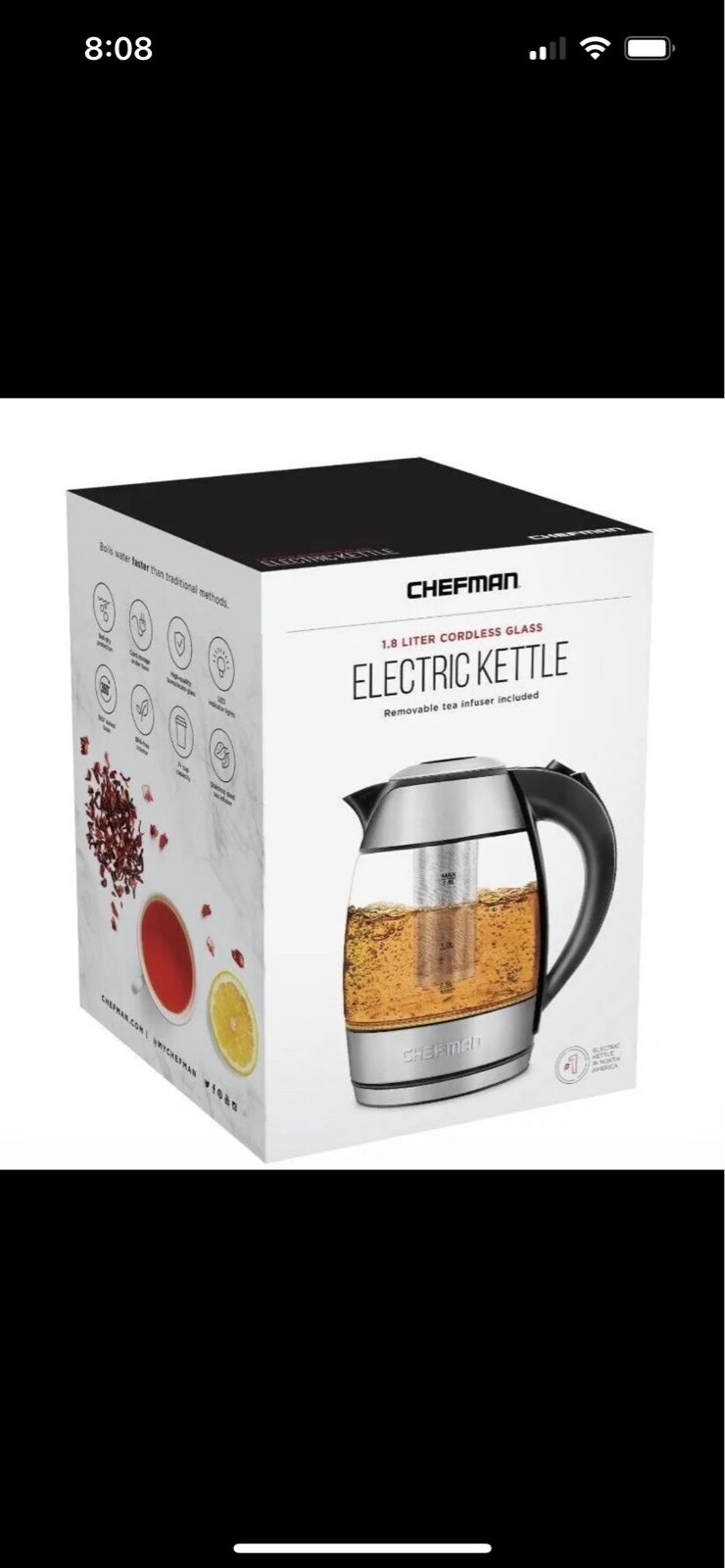 Chefman Electric Kettle with Tea Infuser Cordless Glass 1.8 Liter