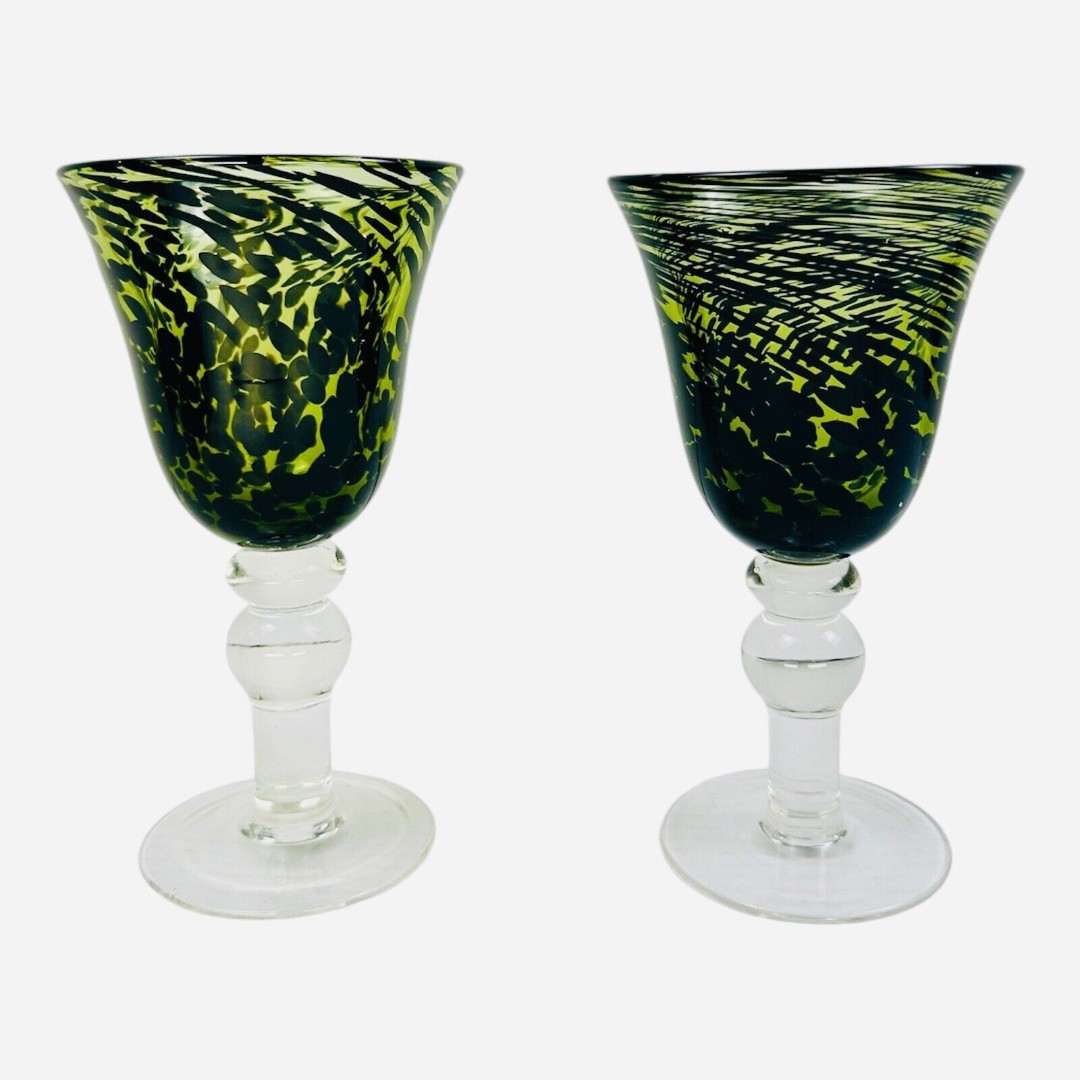 Set of 2 Green and Black Abstract Print Art Glass Water or Wine Goblets No Chips