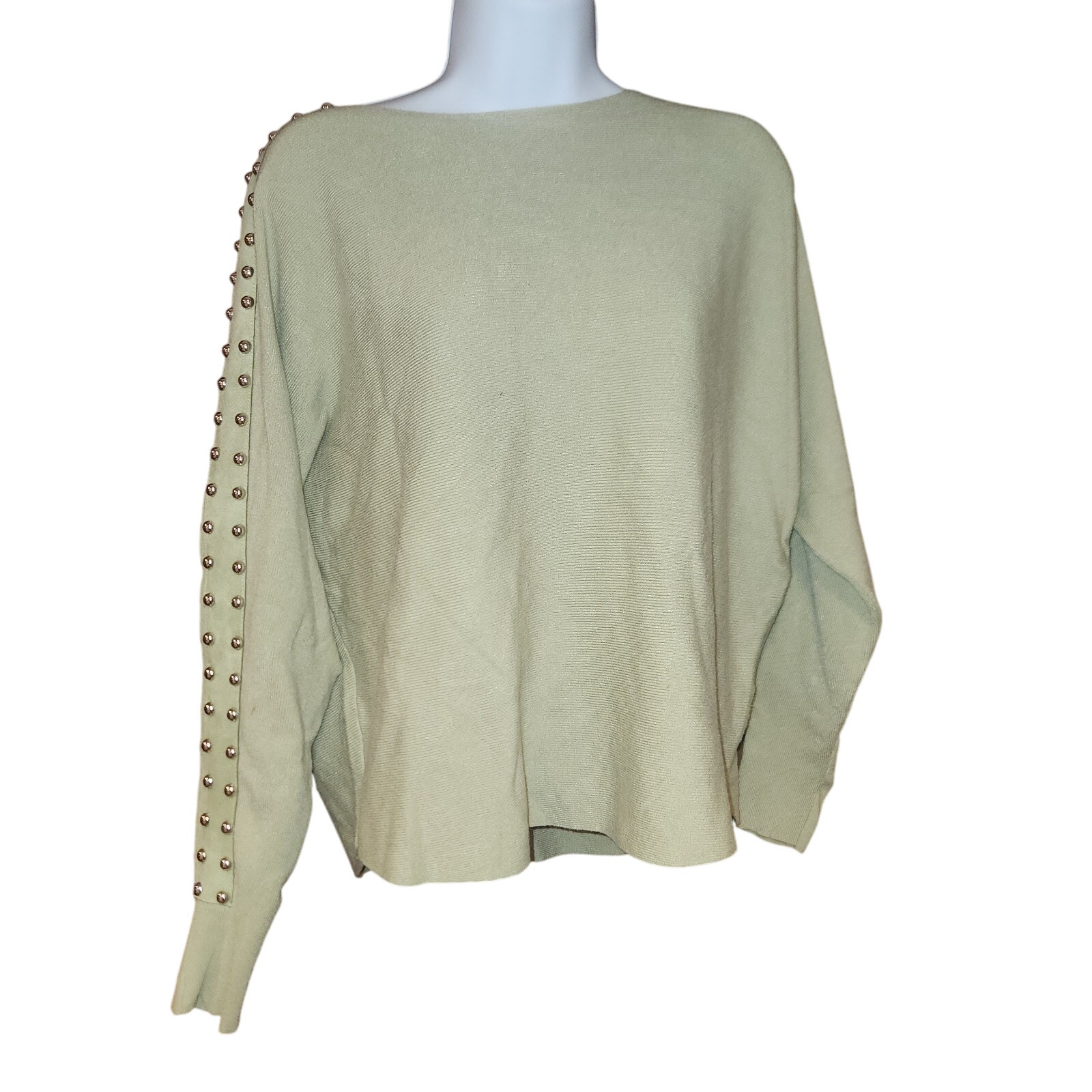 Sioni Milano Light Green Sweater With Metal Balls And Faux Suede Sz L