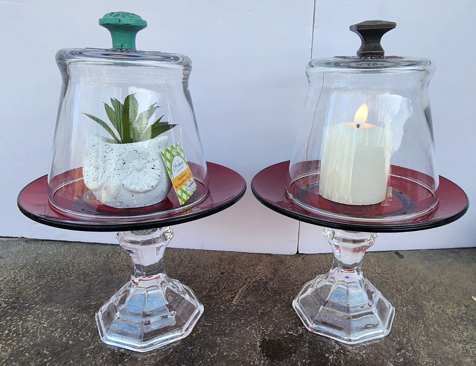2 Handcrafted Glass Cloches With VIntage Red Bases. Home Decor