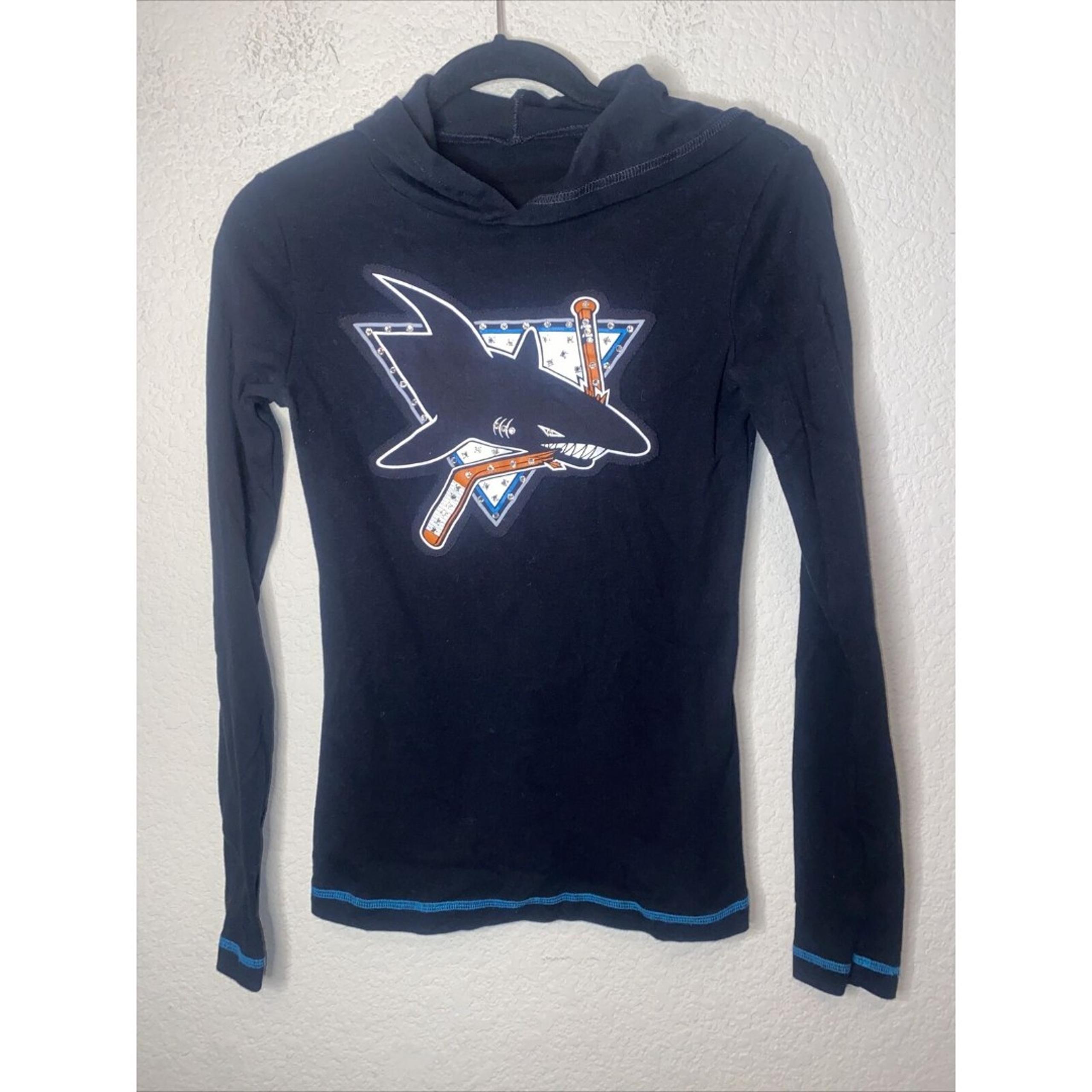 Hockey San Jose Sharks NHL Hoodie Rhinestones Bling Long Sleeve Shirt M 90s