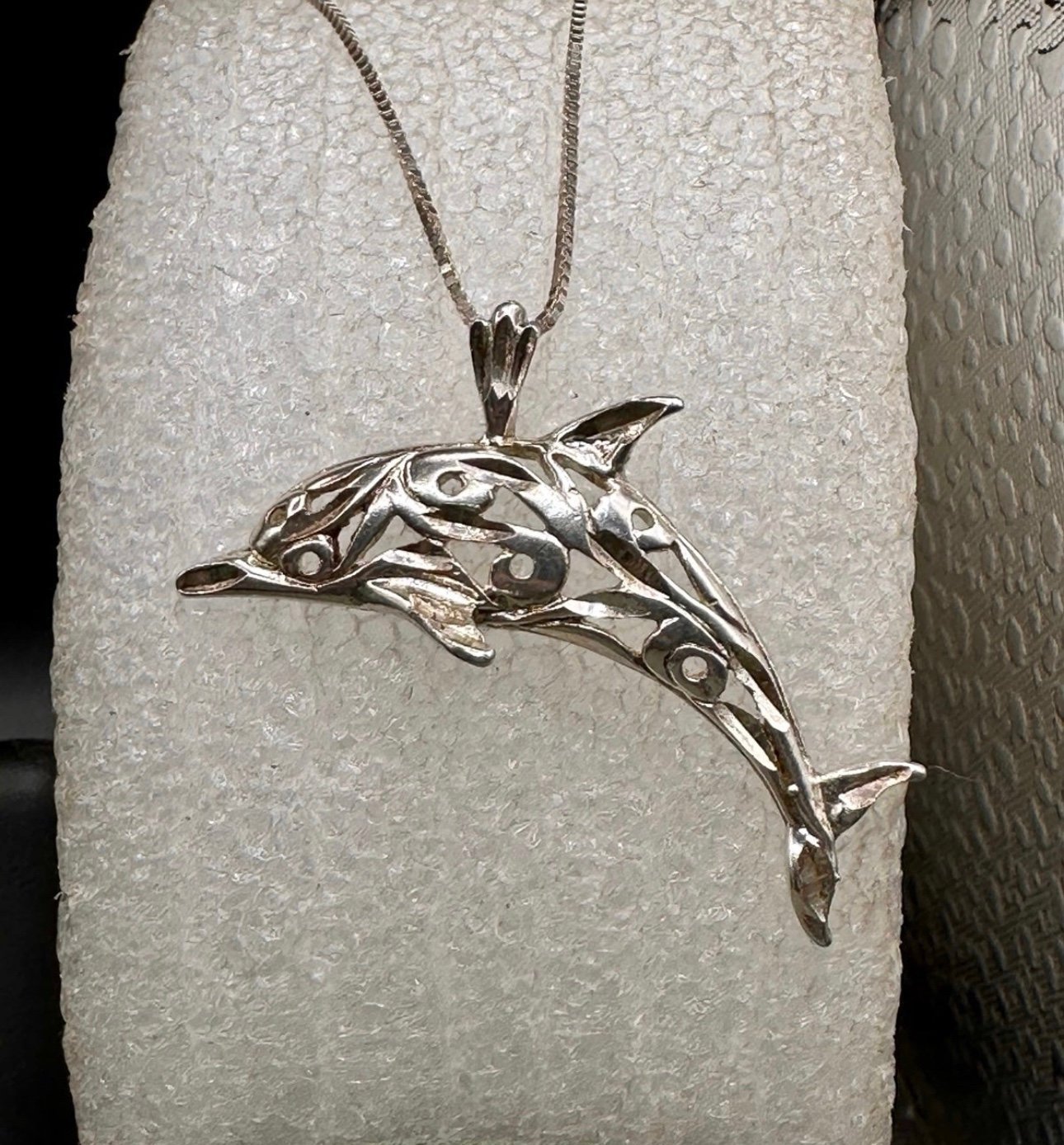 Vintage Sterling Large Dolphin Morning Sun Marked Pendant with chain