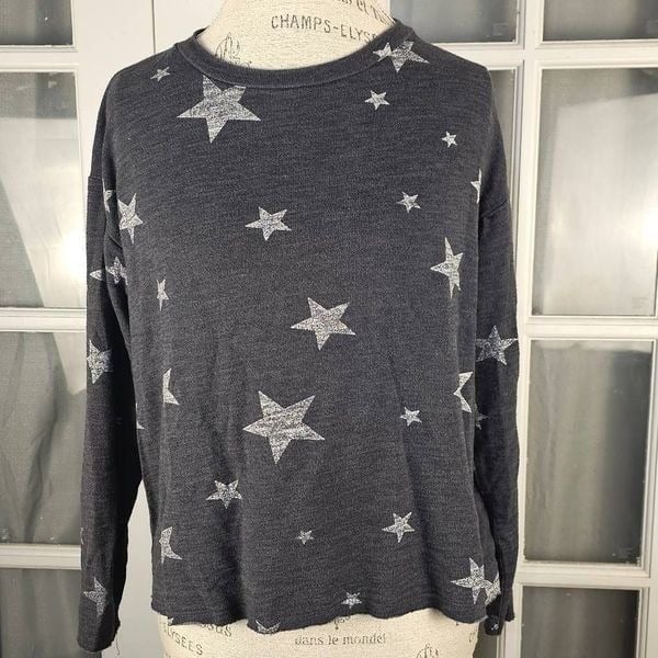 Sundry Womens Black Gray Star Long Sleeve Crop Top Shirt 2 Medium