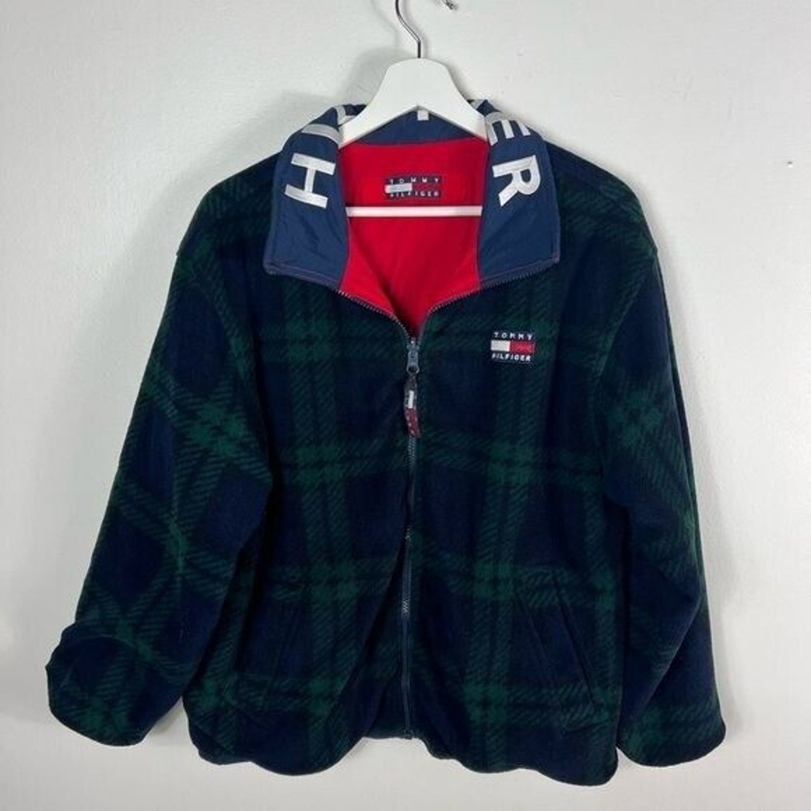 VTG Reversible Tommy Hilfiger Medium Fleece Jacket Red/Navy/Green Zippered