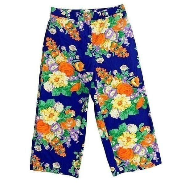 Vintage Lauren Ralph Lauren Capri Pants 8 Blue Floral Wide Leg Button Zip Pocket