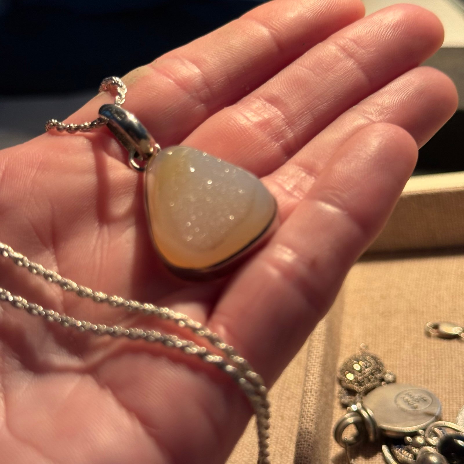 Sterling Silver Milky Agate Druzy Necklace 22”