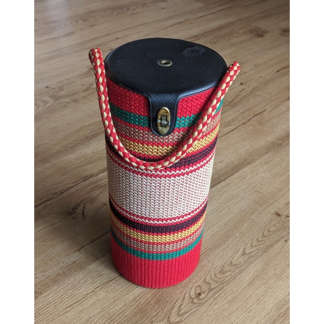 VINTAGE 1960s Retro Striped Knit Container w/ Leather Lid Lock & Handle 14.25