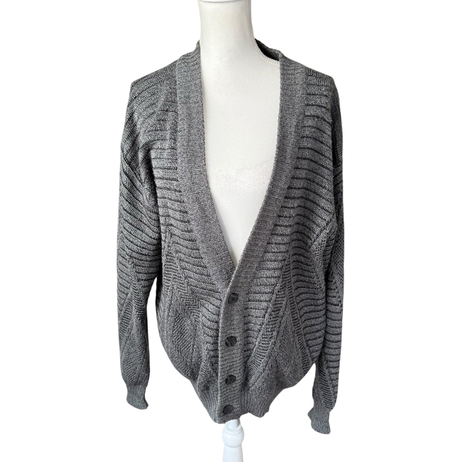 Vtg 80s Peter England gray knit cardigan sweater men medium large grandpa stripe