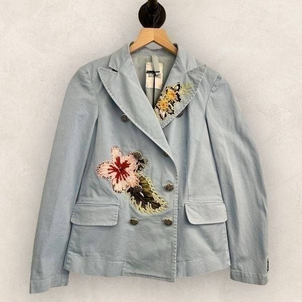 History Repeats Embroidery Military Kubo Jacket Cielo Blue Boho Italian 42 Small