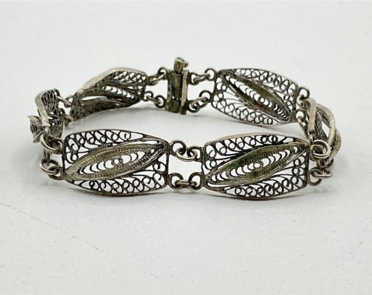 Vintage Estate Sterling Silver Filigree Link Bracelet 7.5