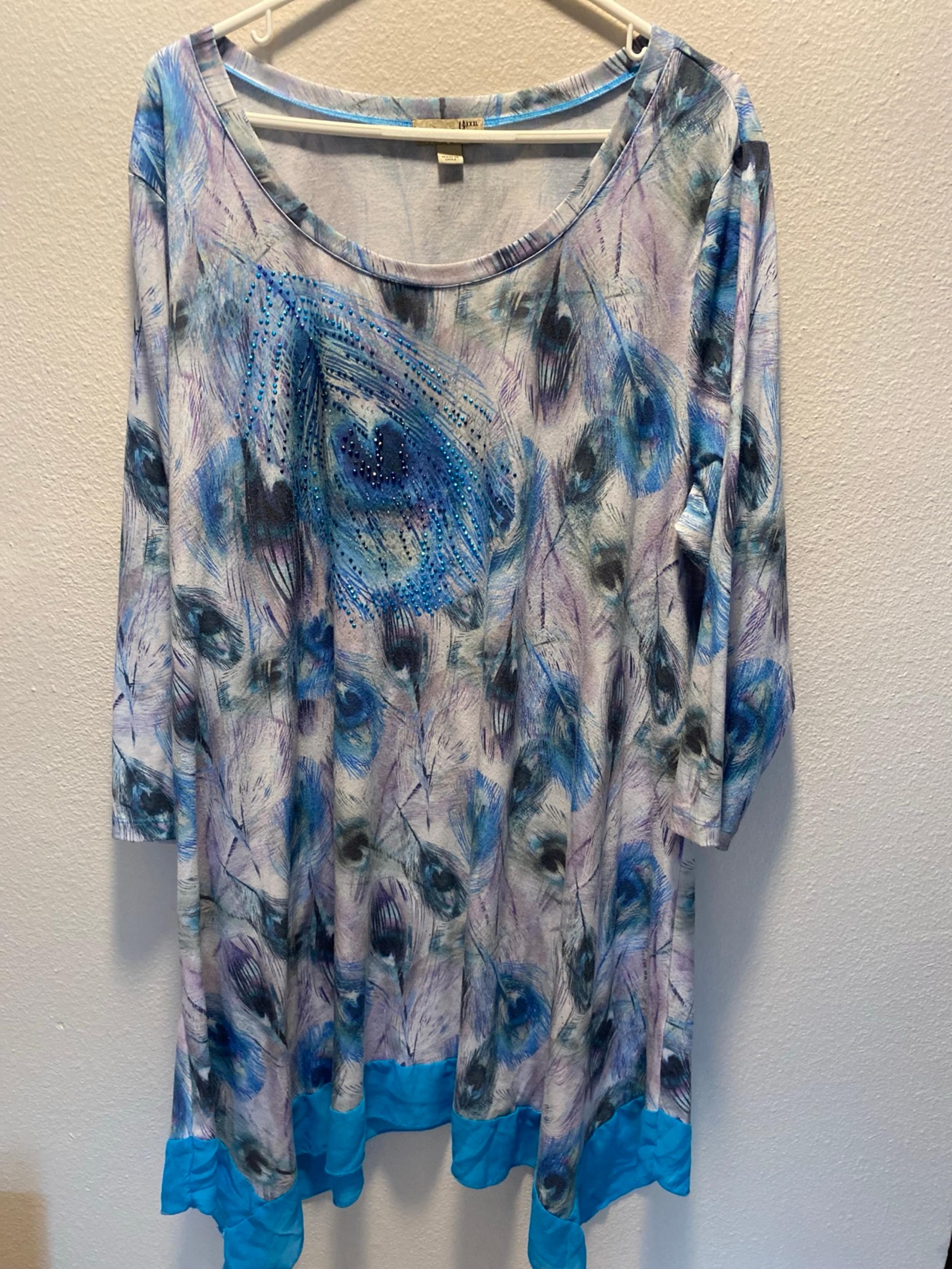 Peacock Feather Asymmetrical Hem Studded Detail Tunic Dress 2X - One World