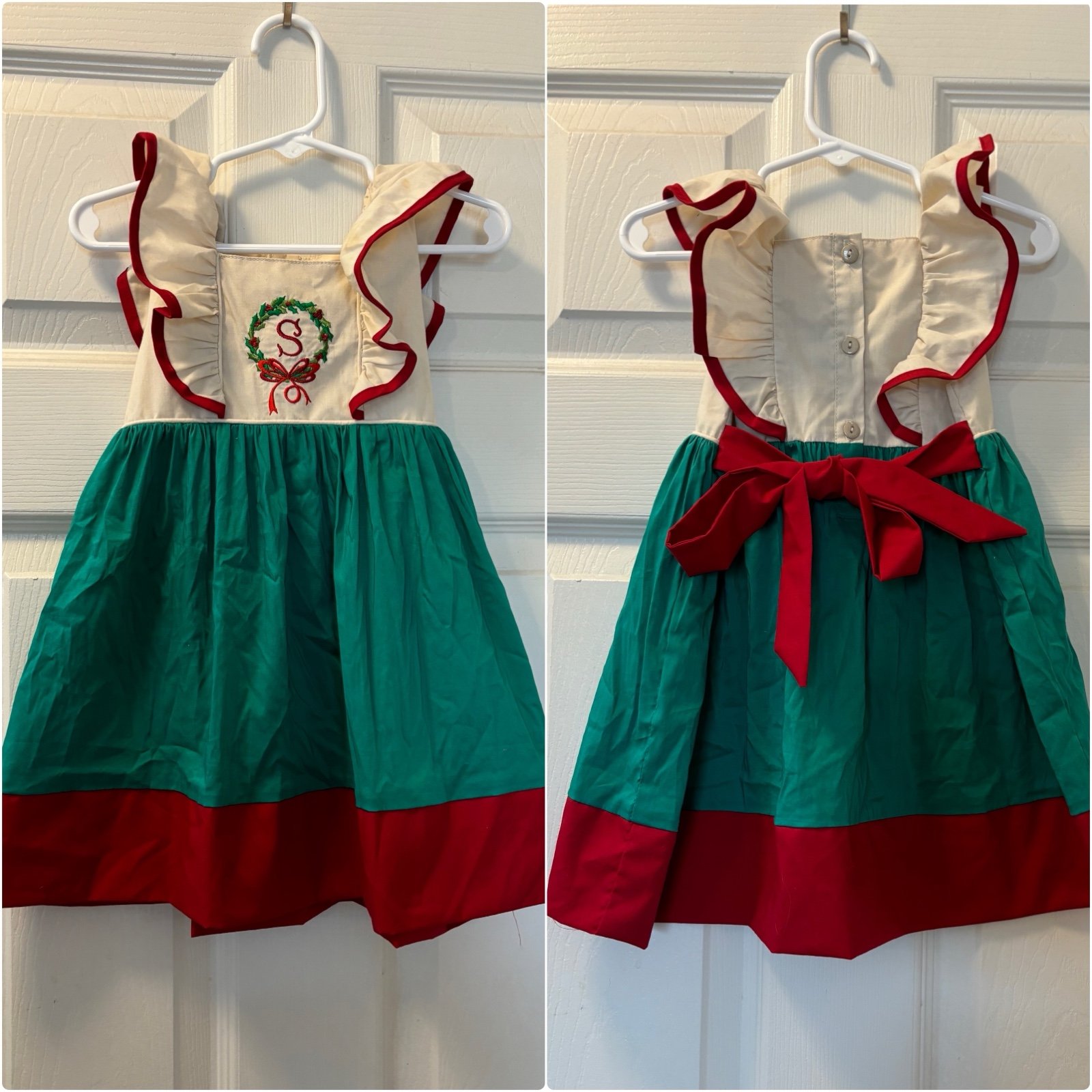 Boutique GORGEOUS Christmas Dress Cream Green Red *Monogrammed S* 18-24 Mos