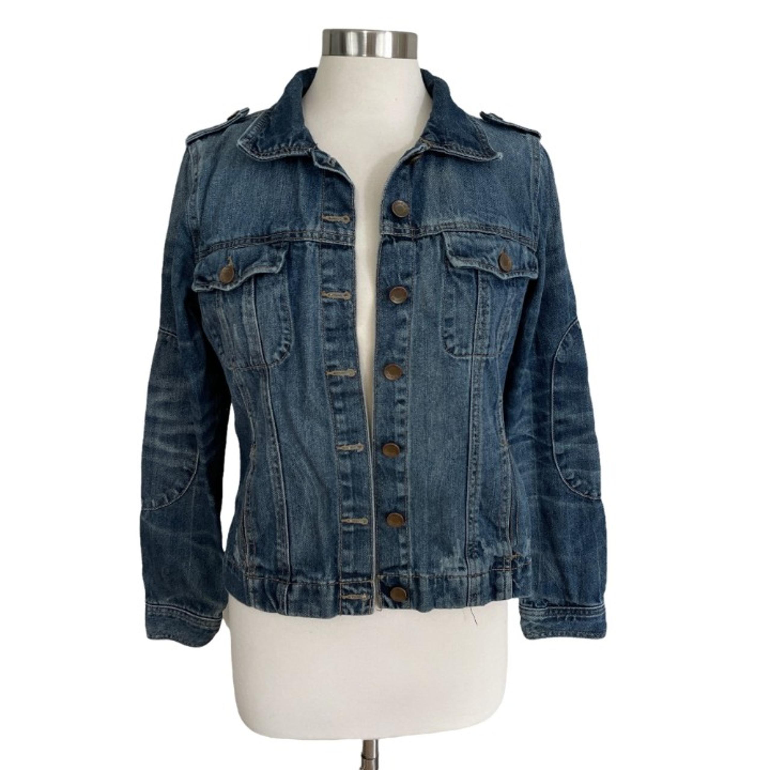 Vintage Route 66 Womens M Dark Blue Denim Elbow Patch Distressed Jean Jacket