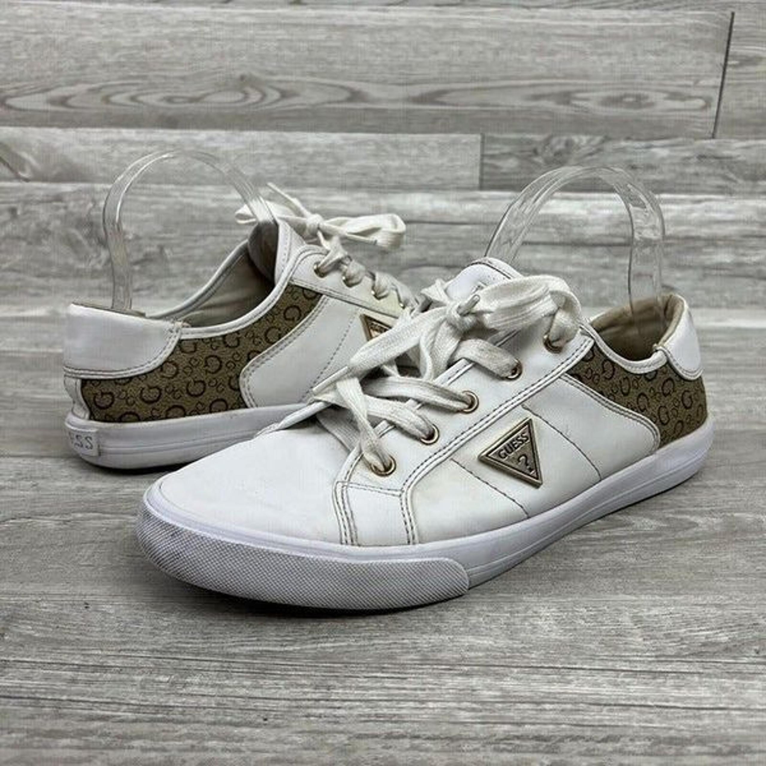 Guess Womens Comly Fashion Sneakers Shoes White Brown Monogram Flat Lace Up 10M