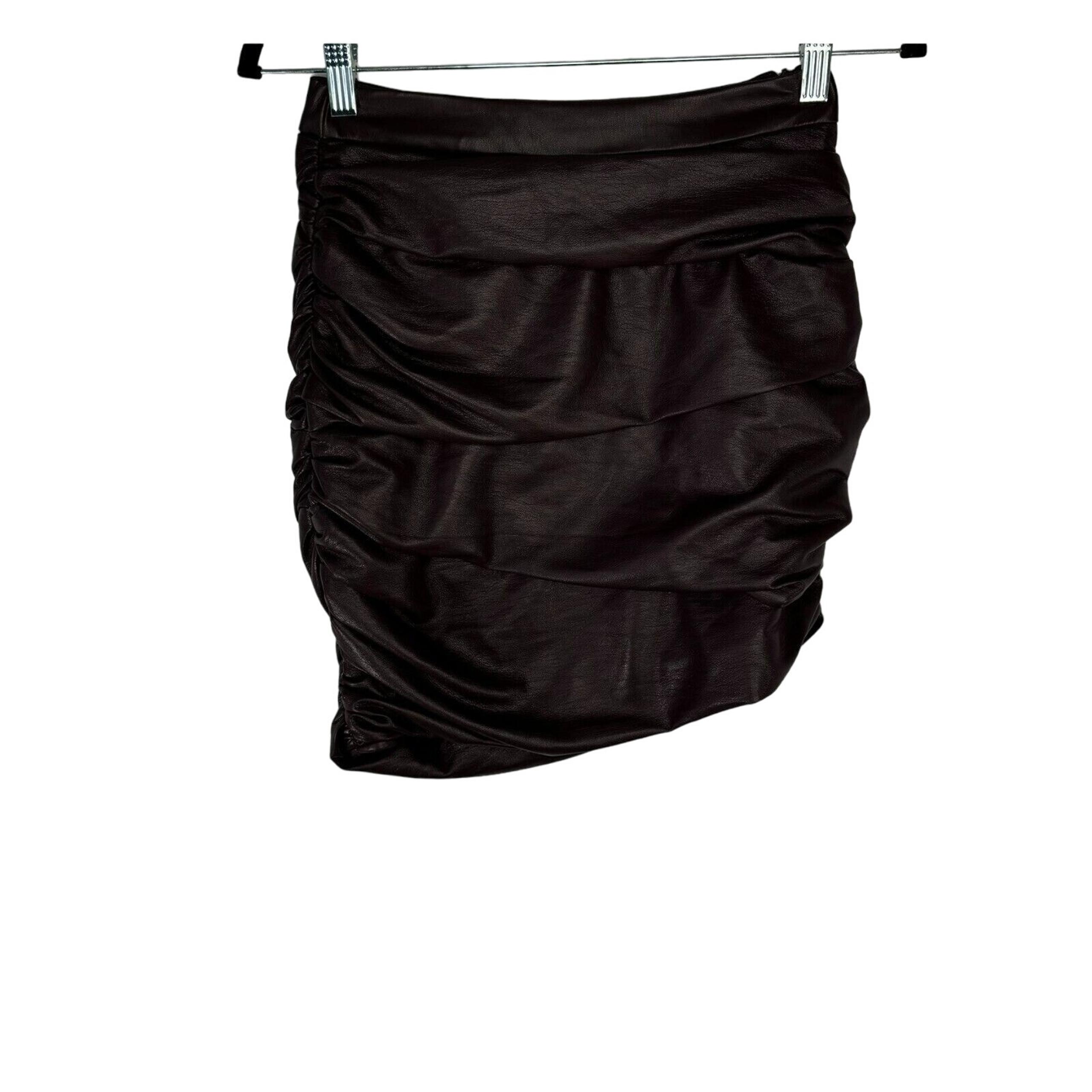 Lulus Cool Factor Ruched Vegan Leather Mini Skirt Brown Women’s size XS