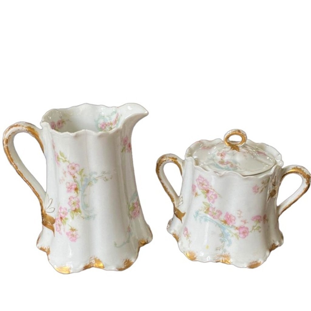 Antique H&C France Cream/Sugar Set Limoges China Pink Floral Gold Trim OS