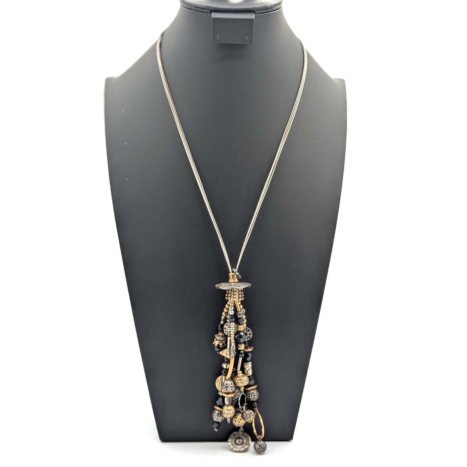 Industrial Three Cable Multi-Beaded Gold Silver Multi-Strand Tassel 24 Necklace