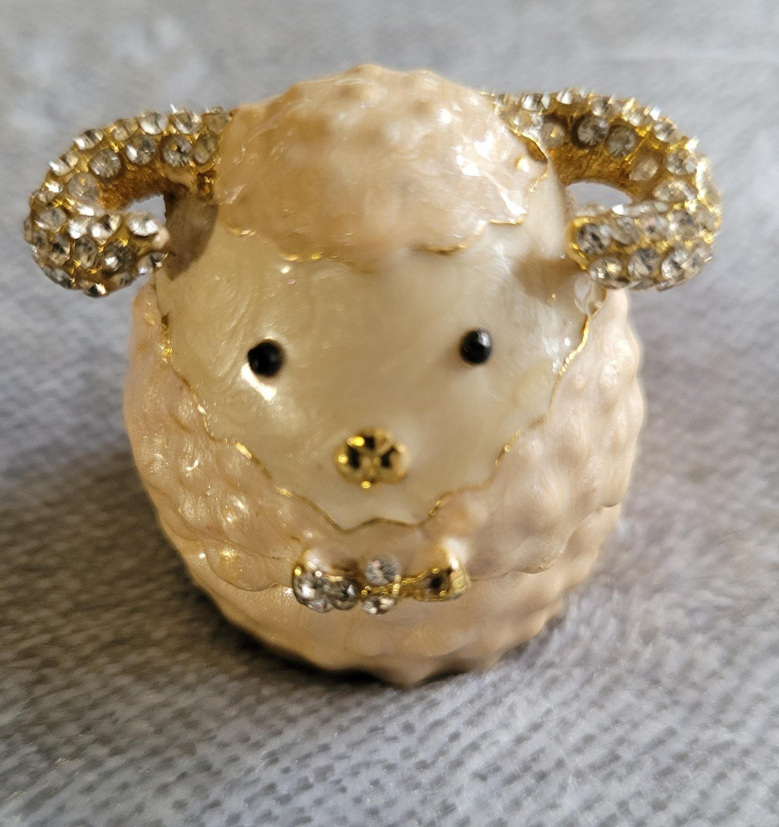 Ram trinket box rhinestones multicolored handpaint metal magnetic clasp vintage