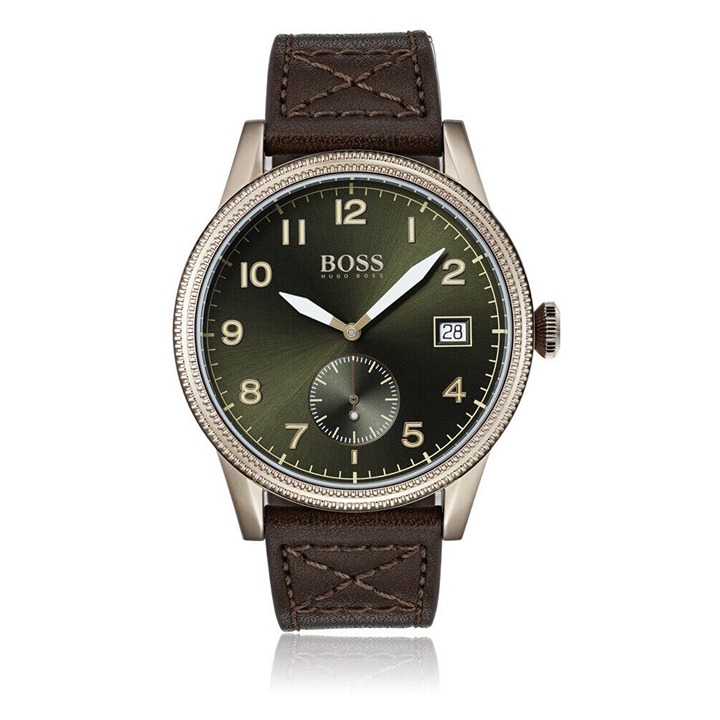 Boss Hugo Boss Textured-bezel watch with brown Italian leather strap W000009