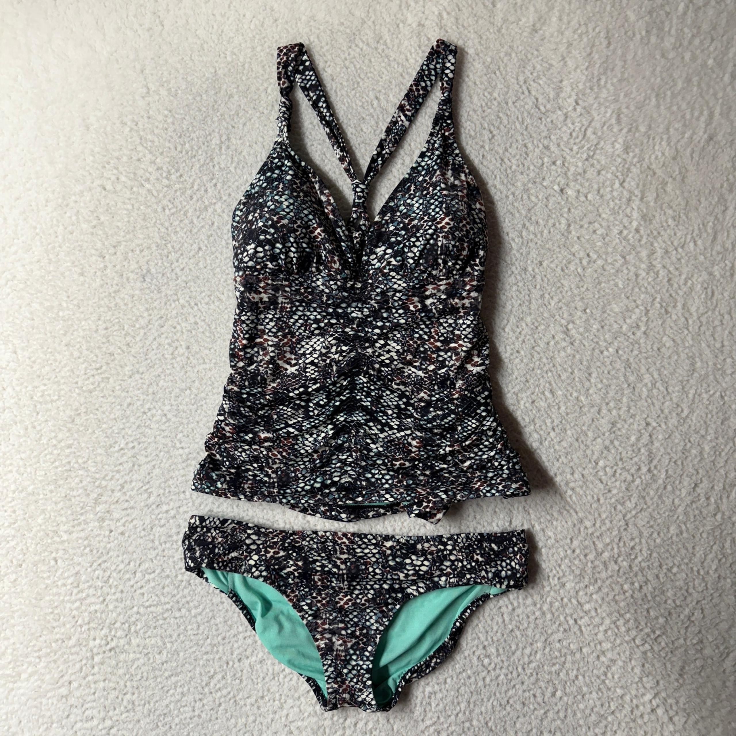 Athleta Womens L Aqualuxe Snake Print Tankini Swimsuit Set Swim Beach Reptile